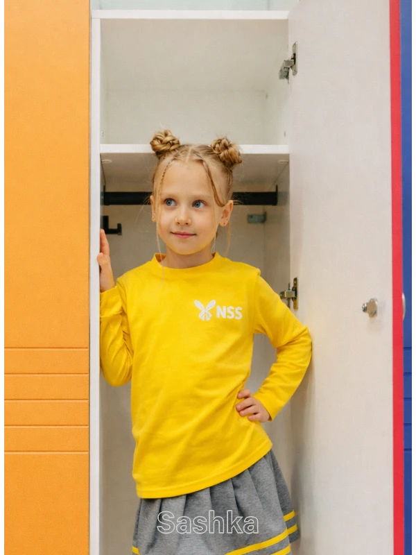 Лонгслів для дівчинки жовтий з логотипом школи NSS, розмір 116-188